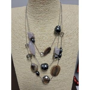 Chico's Pink Tan Faux Pearl Lucite Beaded Necklace Multi Strand Silver Tone